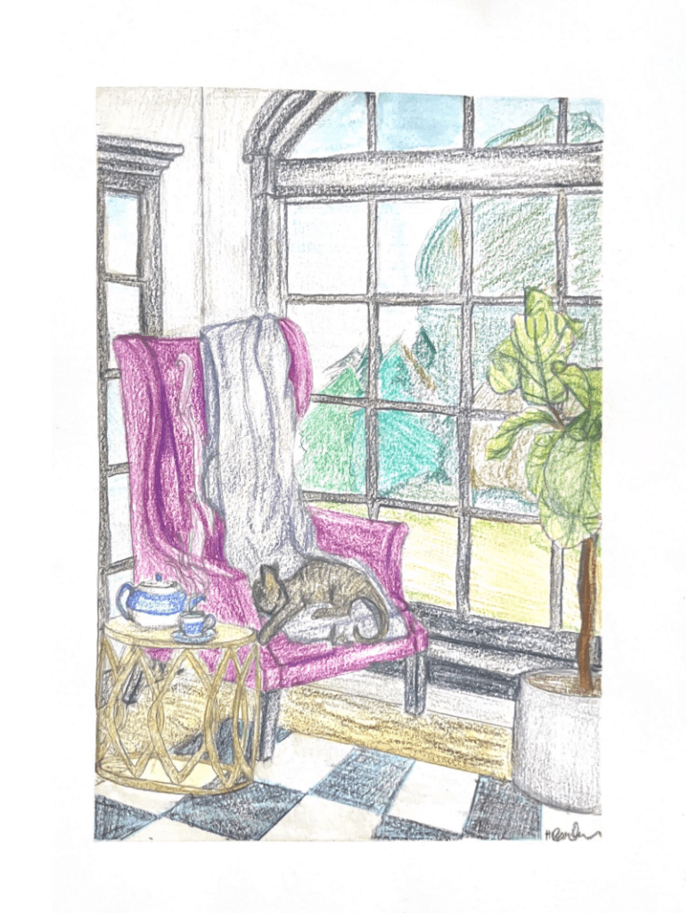Colored pencil drawing of an imaginary room with big windows looking out to trees, a purple arm chair with a black cat sleeping on it, a side table with tea, and a fiddle leaf fig tree on the other side of the room.
